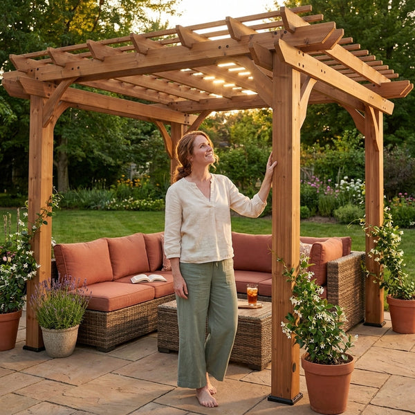 10 Ft. X 10 Ft. Traditional All Cedar Wood Outdoor Patio Pergola Shade Structure