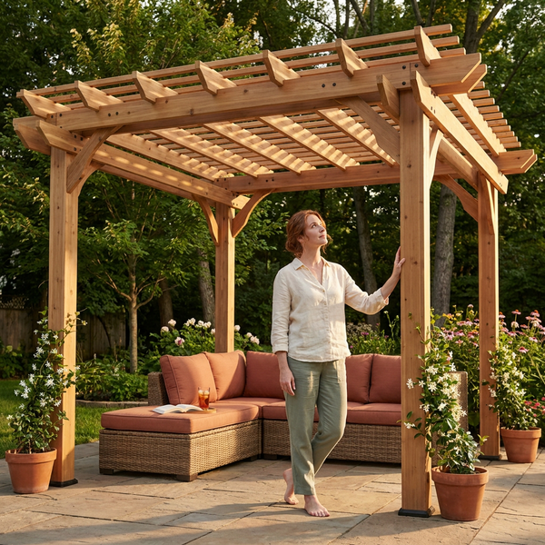 Outdoor Cedar Pergola Built for Natural Shade, 10 x 10 ft Traditional Design, All Cedar Wood Construction