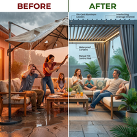 12X20 Louvered Pergola,Dark Grey Aluminum Frame with Adjustable Rainproof Roof, Featuring Waterproof Curtains and Nets — Before & After