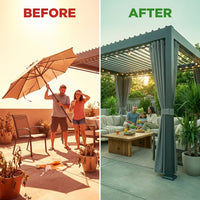 12X20 Louvered Pergola,Dark Grey Aluminum Frame with Adjustable Rainproof Roof, Featuring Waterproof Curtains and Nets — Before & After