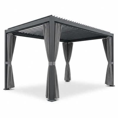12X20 Louvered Pergola,Dark Grey Aluminum Frame with Adjustable Rainproof Roof, Featuring Waterproof Curtains and Nets