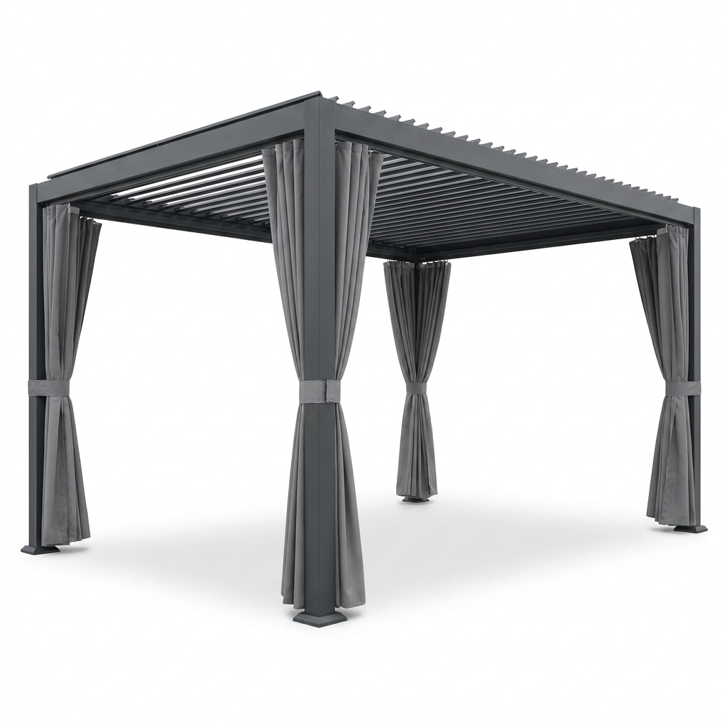 12X20 Louvered Pergola,Dark Grey Aluminum Frame with Adjustable Rainproof Roof, Featuring Waterproof Curtains and Nets — Studio Shot