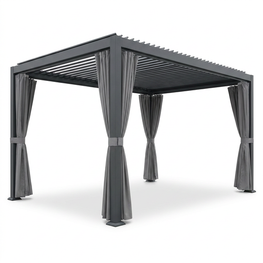 12X20 Louvered Pergola,Dark Grey Aluminum Frame with Adjustable Rainproof Roof, Featuring Waterproof Curtains and Nets — Studio Shot