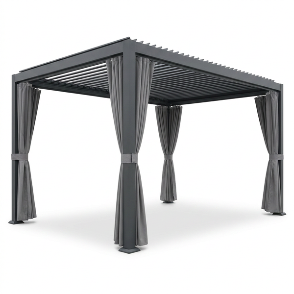 12X20 Louvered Pergola,Dark Grey Aluminum Frame with Adjustable Rainproof Roof, Featuring Waterproof Curtains and Nets — Studio Shot