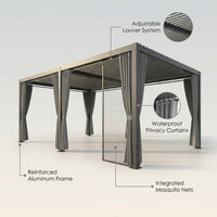 12X20 Louvered Pergola,Dark Grey Aluminum Frame with Adjustable Rainproof Roof, Featuring Waterproof Curtains and Nets — infographic