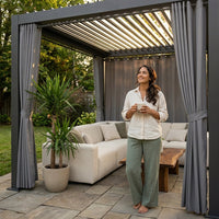 12X20 Louvered Pergola,Dark Grey Aluminum Frame with Adjustable Rainproof Roof, Featuring Waterproof Curtains and Nets — Lifestyle