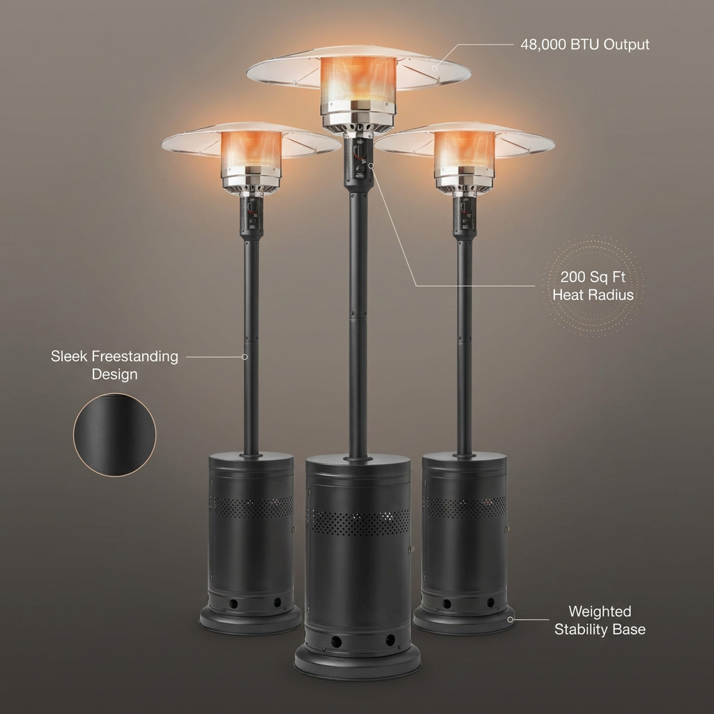 (3 Pack)  48,000 BTU Freestanding Metal Propane Patio Heater, Black — infographic