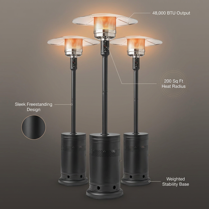 (3 Pack)  48,000 BTU Freestanding Metal Propane Patio Heater, Black — infographic