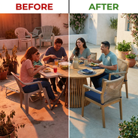 5-Piece Outdoor Patio Dining Table Set with Rope Armchairs & Navy Cushions, Light Teak+Beige — Before & After