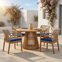 5-Piece Outdoor Patio Dining Table Set with Rope Armchairs & Navy Cushions, Light Teak+Beige — Studio Shot