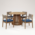 Outdoor Patio Dining Set Built for All-Weather Use, Light Teak Acacia Wood, Rope Armchairs, Navy Cushions