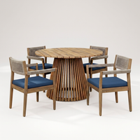 5-Piece Outdoor Patio Dining Table Set with Rope Armchairs & Navy Cushions, Light Teak+Beige — Studio Shot