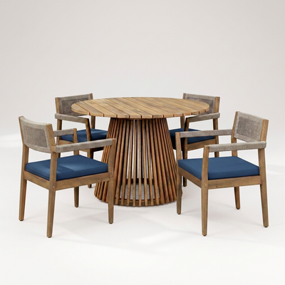 Outdoor Patio Dining Set Built for All-Weather Use, Light Teak Acacia Wood, Rope Armchairs, Navy Cushions