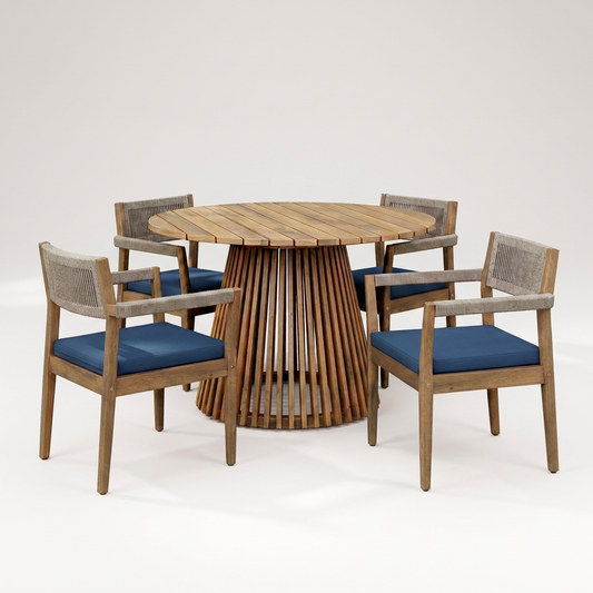 5-Piece Outdoor Patio Dining Table Set with Rope Armchairs & Navy Cushions, Light Teak+Beige — Studio Shot