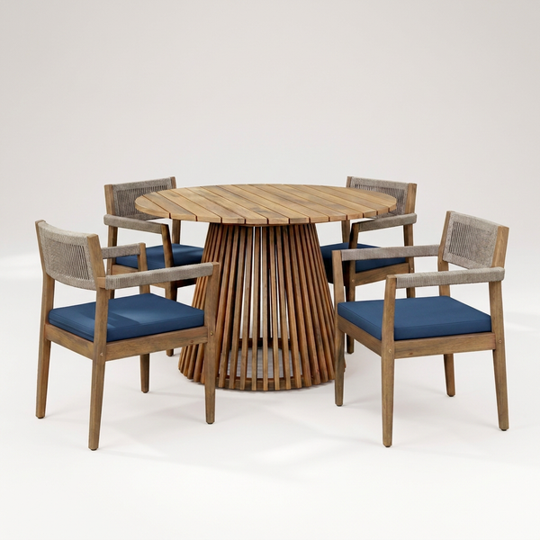 5-Piece Outdoor Patio Dining Table Set with Rope Armchairs & Navy Cushions, Light Teak+Beige — Studio Shot