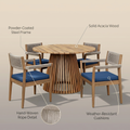 5-Piece Outdoor Patio Dining Table Set with Rope Armchairs & Navy Cushions, Light Teak+Beige