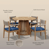 5-Piece Outdoor Patio Dining Table Set with Rope Armchairs & Navy Cushions, Light Teak+Beige — infographic