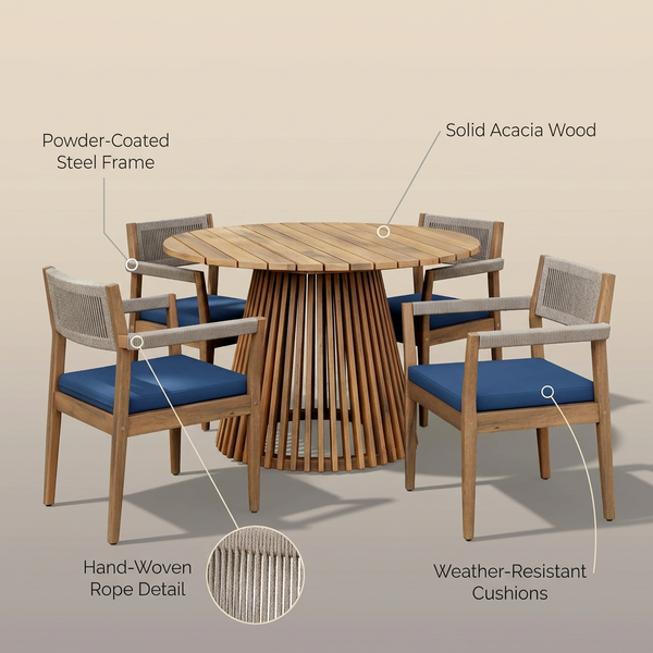 5-Piece Outdoor Patio Dining Table Set with Rope Armchairs & Navy Cushions, Light Teak+Beige — infographic