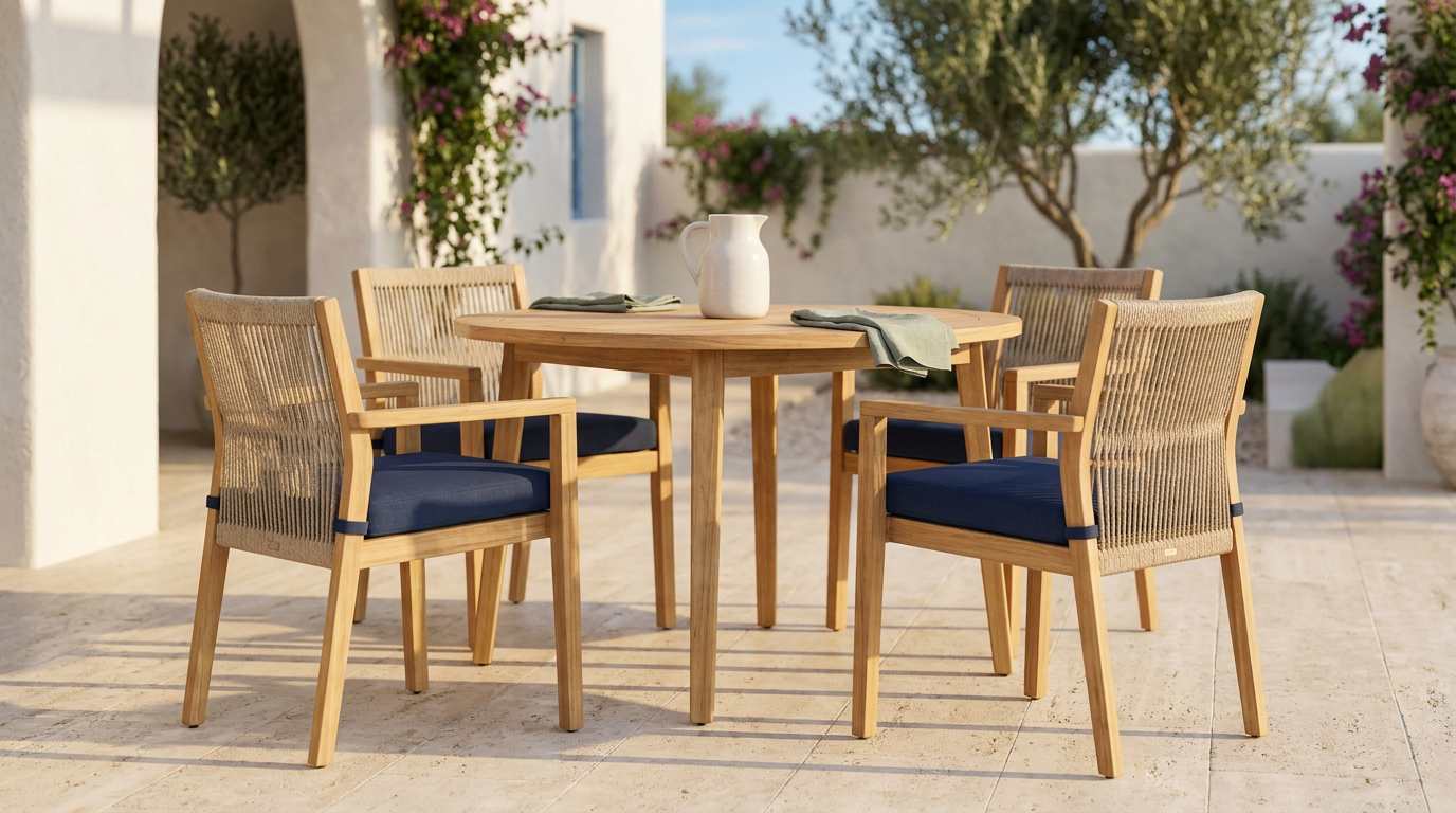 5-Piece Outdoor Patio Dining Table Set with Rope Armchairs & Navy Cushions, Light Teak+Beige — Lifestyle