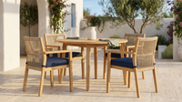 5-Piece Outdoor Patio Dining Table Set with Rope Armchairs & Navy Cushions, Light Teak+Beige — Lifestyle