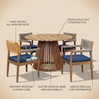 5-Piece Outdoor Patio Dining Table Set with Rope Armchairs & Navy Cushions, Light Teak+Beige — How It Works