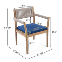5-Piece Outdoor Patio Dining Table Set with Rope Armchairs & Navy Cushions, Light Teak+Beige