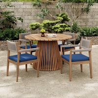 5-Piece Outdoor Patio Dining Table Set with Rope Armchairs & Navy Cushions, Light Teak+Beige