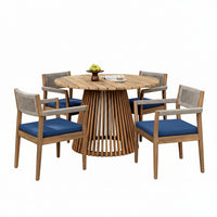 Outdoor Patio Dining Set Built for All-Weather Use, Light Teak Acacia Wood, Rope Armchairs, Navy Cushions