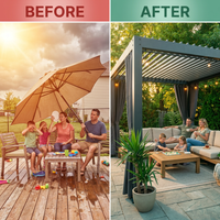 Aluminum Pergola Built for Year-Round Use, 12X20 Louvered Roof, Waterproof Curtains, 240 Sq Ft Coverage — Before & After