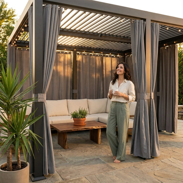 Aluminum Pergola Built for Year-Round Use, 12X20 Louvered Roof, Waterproof Curtains, 240 Sq Ft Coverage