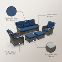 Patio Furniture Set 6-Piece Outdoor Patio Conversation Set with Blue Cushions Lawn Furniture — infographic