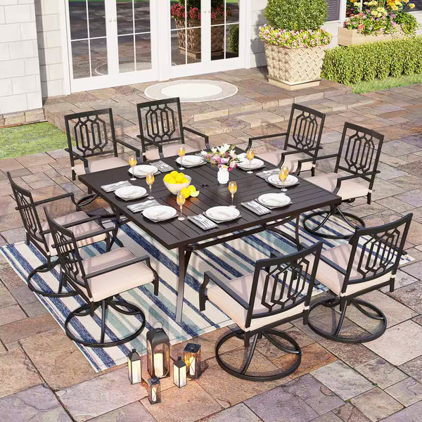 9-Piece Metal Square Outdoor Dining Set with Table and Swivel Chairs with Beige Cushions