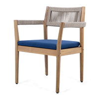 5-Piece Outdoor Patio Dining Table Set with Rope Armchairs & Navy Cushions, Light Teak+Beige