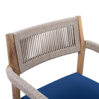 5-Piece Outdoor Patio Dining Table Set with Rope Armchairs & Navy Cushions, Light Teak+Beige